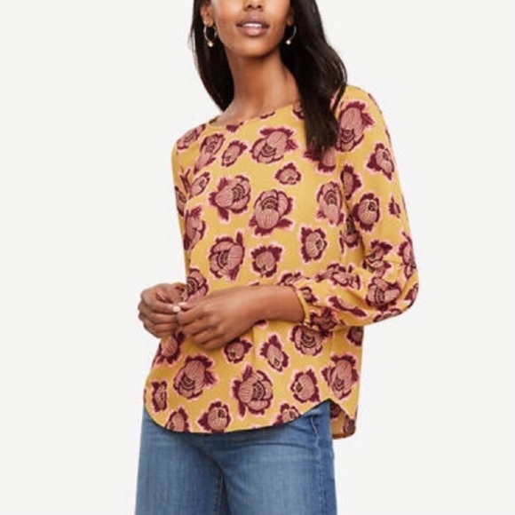 Ann Taylor Mustard Bubble Sleeve Top - Picture 2 of 4